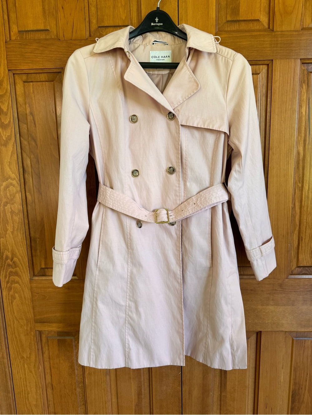 ๐ COLE HAAN Blush Pink Trench Coat with Belt & Removable hood. LIKE NEW Large - Picture 5 of 10